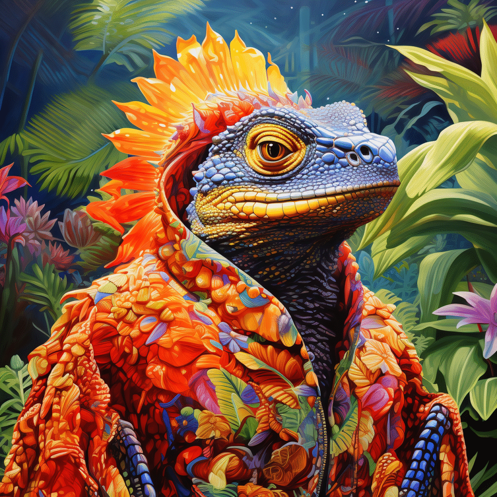 ai generated, lizard, animal, reptile, anthropomorphic, mohawk, iguana, exotic, vibrant, multicolored, maximalist, flowers, plants, magical, fantasy, whimsical, surreal, creature, extravagant, nature, creative